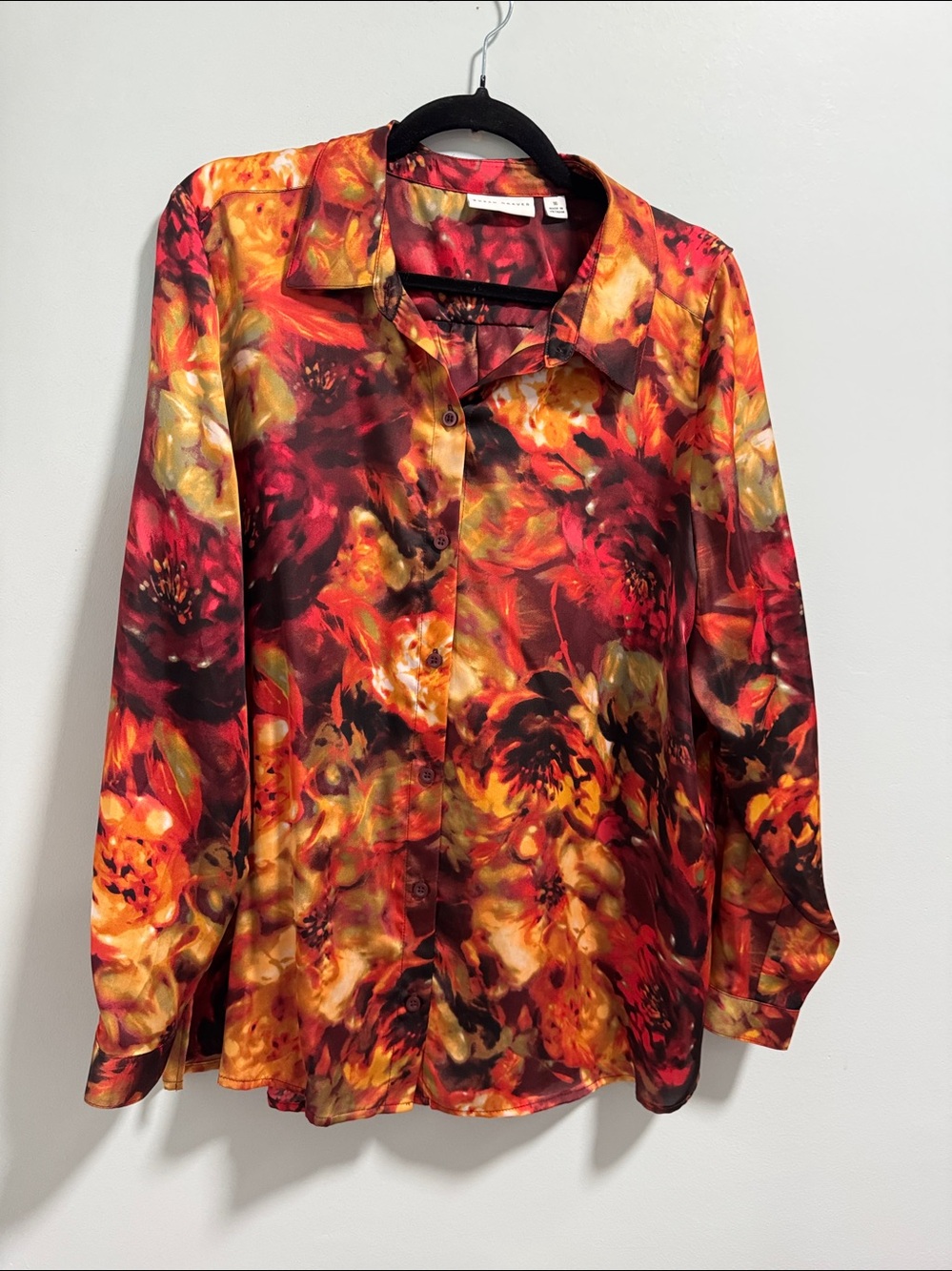 Susan Graver Floral Satin Button-Front Blouse in Red, Yellow, Pink